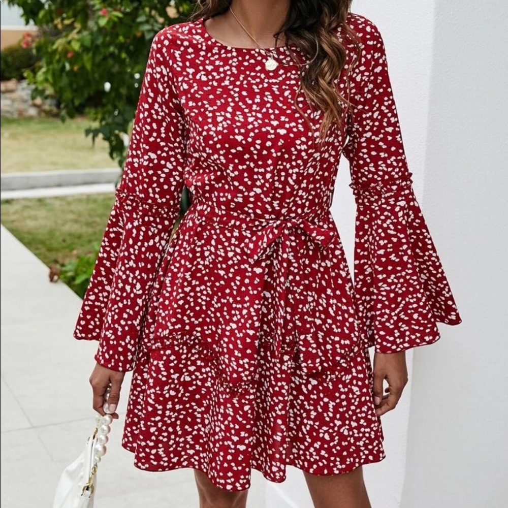 Red print long sleeve bell dress ruffle belted - Picture 1 of 2